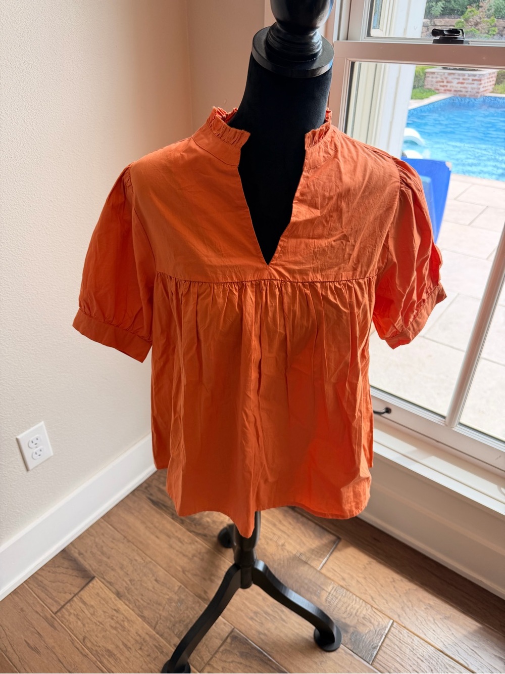THML Orange Split-Neck Ruffle Collar Peasant Blouse
